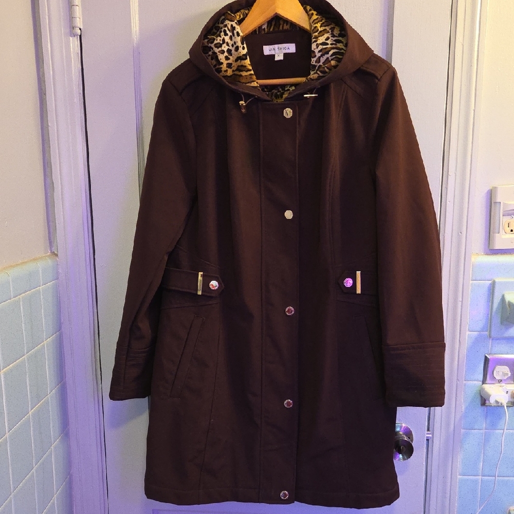 NWOT Classy Stylish Via Spiga Purple Trench Coat with Leopard Print Lining XL